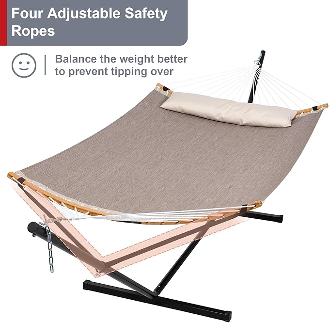 Quick Dry Hammock with Stand Included, Heavy Duty Hammock with 12FT Hammock Stand for Outside, Poolside, 450 Lbs Capacity, Brown