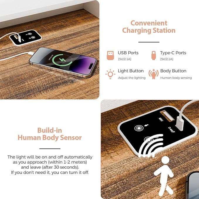 Farmhouse Makeup Vanity, Vanity Desk with Square Mirror, Tricolor Lighting Adjustment & Built-in Charging Station, Multi-Functional Wood Vanity with 2 Drawers & Open Storage Space, White