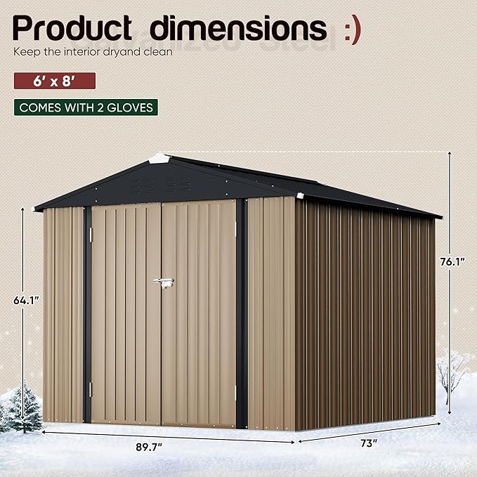 GUNJI 8 x 6 FT Shed Outdoor Storage Shed Metal Garden Shed with Lockable Door Outside Waterproof Tool Shed for Backyard, Patio, Lawn (Brown)