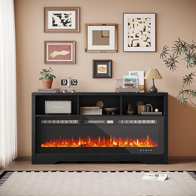CharaVector Fireplace TV Stand with 50" Glass Electric Fireplace,Entertainment Center with Power Outlets for Up to 65 inch TV，Black TV Cabinet with 3 Open Storage Cabinets, TV Console for Living Room
