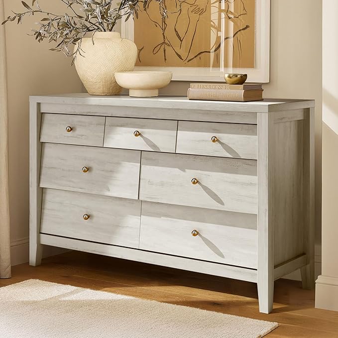 7 Drawers Dresser with Beveled Panel for Bedroom, Farmhouse Chest of Drawers, Mid Century TV Stand Closet Storage Furniture for Hallway, Living Room, Entryway, White