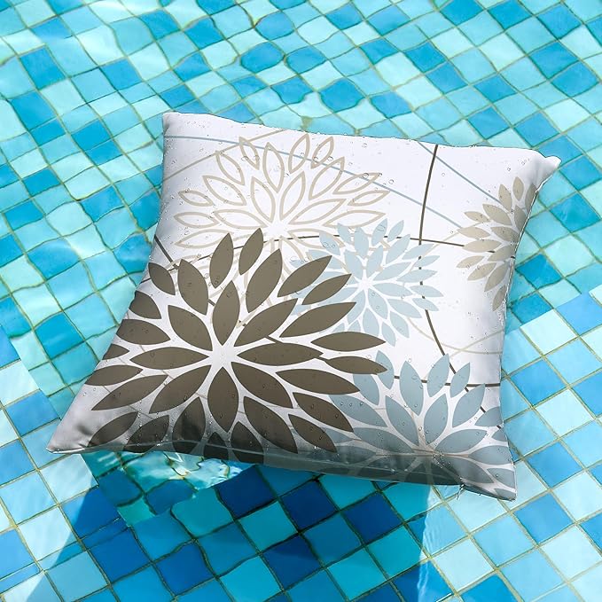 Brown Blue Flower Pillow Covers 18x18 Inch Set of 2 Summer Outdoor Waterproof Decor for Home Patio Funiture Garden Living Room Modern Art Floral Polyester Square Cushion Cover 01F18