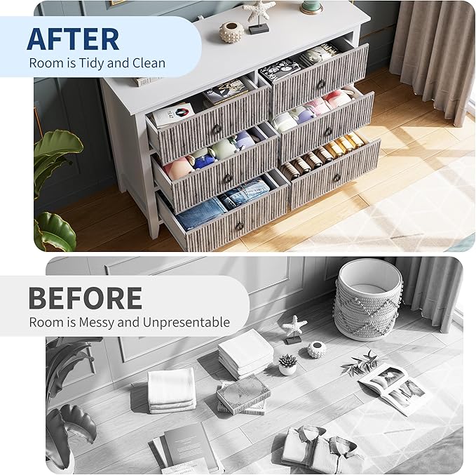 GarveeHome 6 Drawer Dresser for Bedroom，Waveform Fluted Chest with Large Drawer, Wooden Chest of Storage Cabinet, Fluted Dressers for Bedroom Living Room Hallway Closet, Anti-Tipping