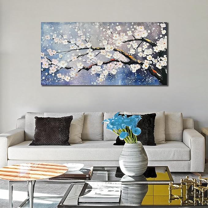 aburaeart Plum Blossom Painting Wall Art For Living Room Blue And White Wall Art For Office Women Modern Art Wall Decor Bedroom Size 20 x 40 Inch