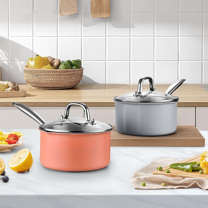 2 qt Nonstick Sauce Pan with Lid, Ceramic Saucepan Small Cooking Pot Non Toxic, PTFE & PFOA Free - Oven Safe & Compatible with All Stovetops (Gas, Electric & Induction)-Perracotta