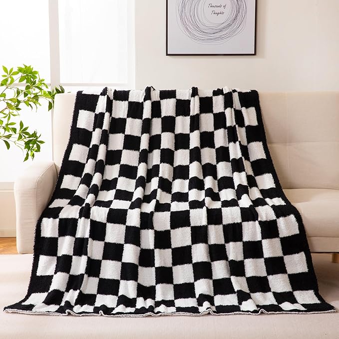 YIRUIO Throw Blanket Checkered Chessboard Fluffy Fuzzy Warmer Comfort Reversible Super Soft Cozy for Home Decor Bed Couch Sofa Living Room (Black, 51''x63'')
