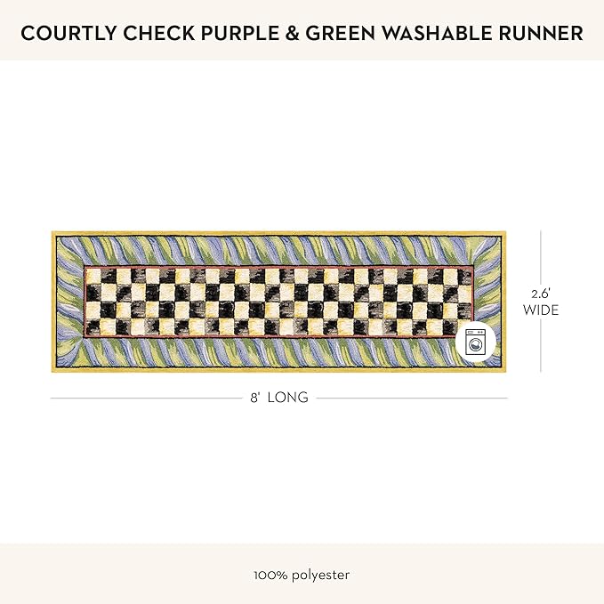 MACKENZIE-CHILDS Washable Rug, Decorative Indoor Rug, 2'6" x 8' Runner, Purple-and-Green Courtly Check