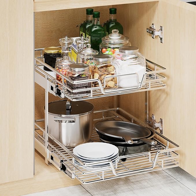 2-Tier Kitchen Cabinet Pull Out Cabinet Organizer,Shelf and Drawer Organizer Slide Out Pantry Storaqe Basket in Multiple Sizes (17" W x 21" D)