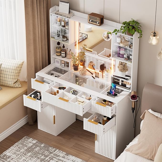 PAKASEPT Vanity Desk with Mirror and Lights, Fluted Makeup Vanity Desk with Lights 3 Colors, Glass Top Vanity with 16 RGB Colors Cabinet, 2 Shelves & 5 Drawers & Power Outlet