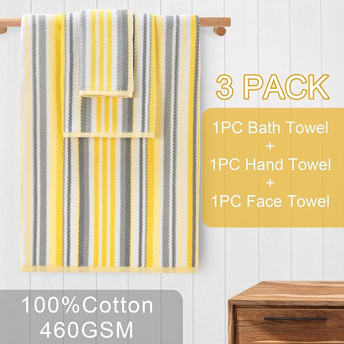 Bath Towels with Hanging Loops, 3PC Striped Towels - 100% Cotton, Quick Dry, Soft, Absorb & Lightweight, 1 Bath 28"x52", 1 Hand 16"x27", 1 Washcloth 13"x13", Shower Towel Decorative Set, Yellow + Gray