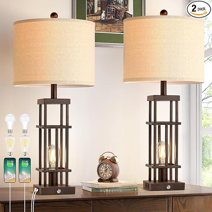 29.5" Table Lamps for Living Room Set of 2, Farmhouse Table Lamps with USB C+A Ports, Touch Control Bedside Lamps with Oil Rubbed Bronze Finish, Bulbs Included