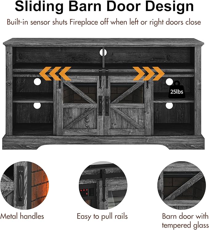 Fireplace TV Stand with Auto-Power-Off Door Sensor, Farmhouse 70" TV Console, Media Entertainment Center with Sliding Barn Door, Adjustable Shelves, Fireplace Heater, Dark Rustic Oak