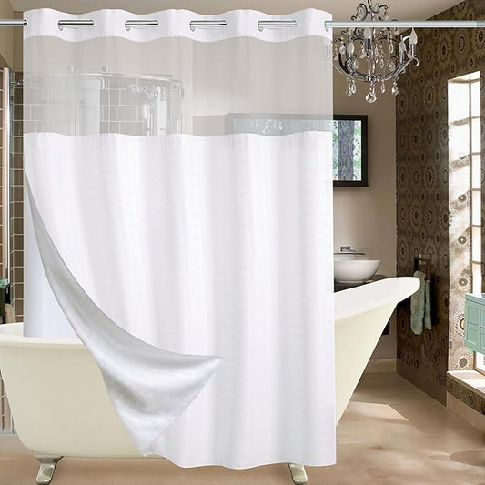 Extra Long No Hook Shower Curtain with Snap in Liner Set, Hotel Luxury White Shower Curtains for Bathroom with See Through Top Window, Waterproof, Washable 71W x 84H