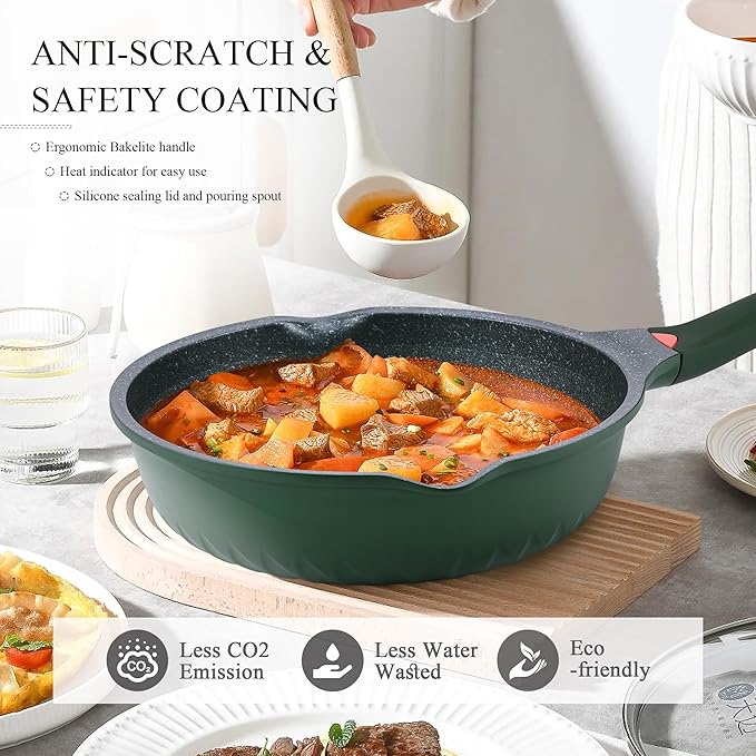 Vinchef Green Skillet Nonstick with Lids, 11In/5Qt Aluminum Deep Frying Pan with Lid and Heat Indicator, Anti Scratch and Anti Stain Deep Skillet Nonstick, Induction Compatible