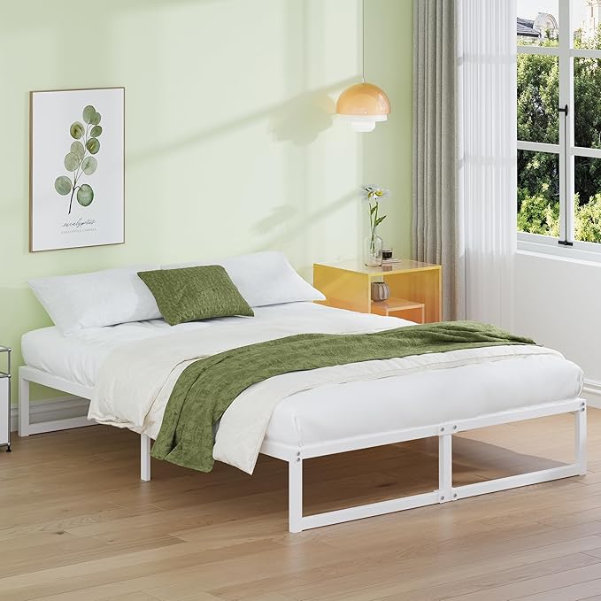 EMODA 12 Inch Full Size Bed Frame, Metal Platform White Bed Frame Full No Box Spring Needed, Heavy Duty Steel Slats Support, Easy Assembly, Noise Free