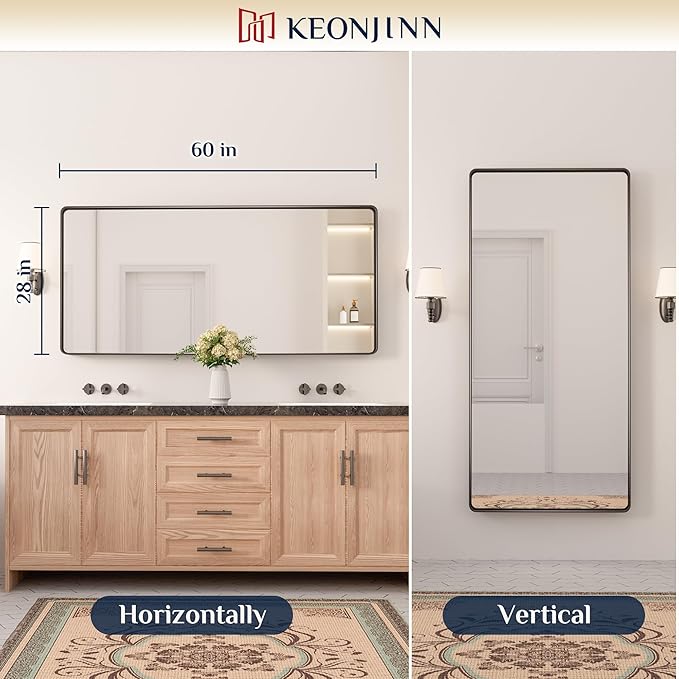 Keonjinn Black Bathroom Mirror for Over Sink, 60” x 28” Large Rounded Rectangle Bathroom Vanity Mirror, Matte Black Modern Decorative Framed Mirror, Anti-Rust, HD Tempered Glass(Horizontal/Vertical)