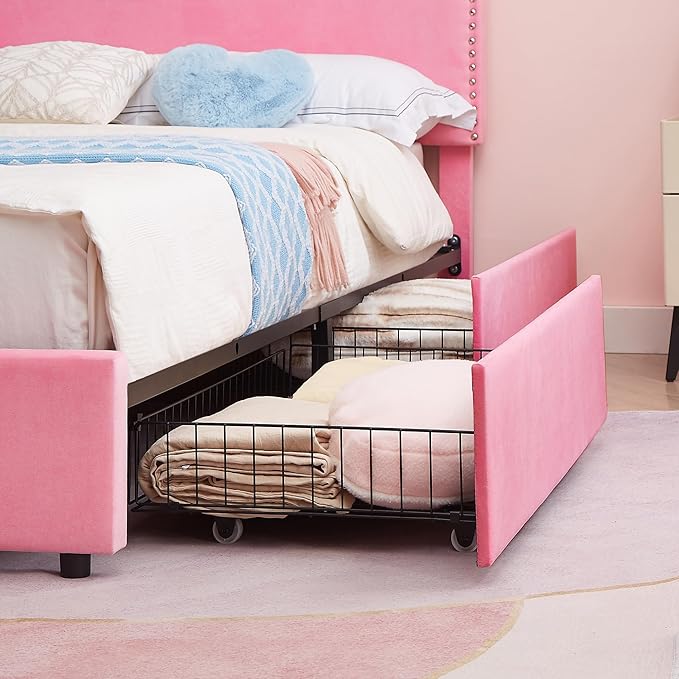 VECELO Queen Bed Frame, Platform Bed Frame with Underbed Storage Drawers and Adjustable Height Upholstered Headboard, Heavy-Duty Frame and Strong Wooden Slats Support, Noise-Free, Easy Assembly, Pink
