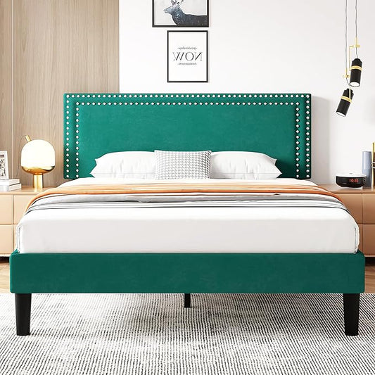 VECELO Queen Size Bed Frame with Adjustable Upholstered Headboard, Wooden Slats Platform, Noise-Free Design, Easy Assembly