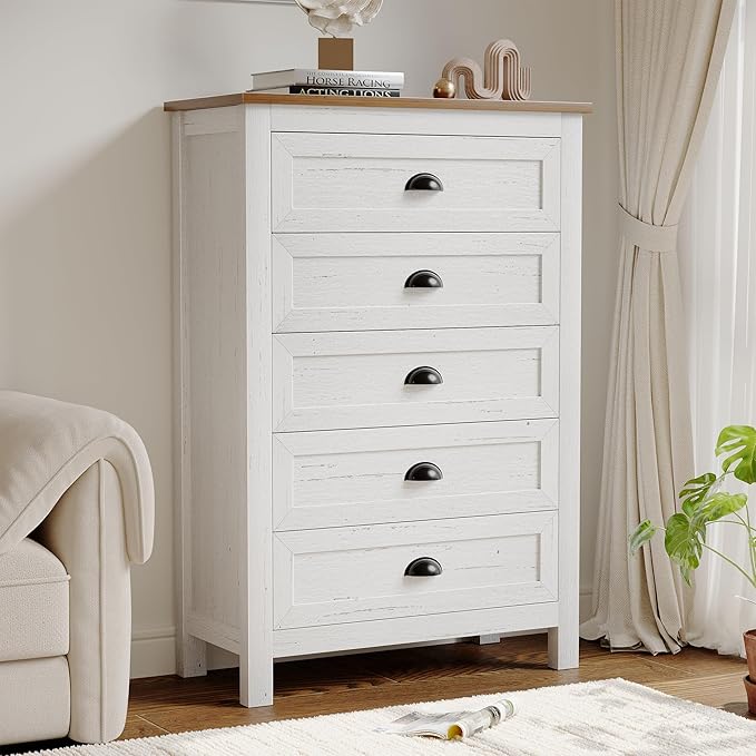 5 Drawer Dresser, Farmhouse Tall Dresser for Bedroom, Antique White Chest of Drawers, Modern Dressers for Bedroom, Closet