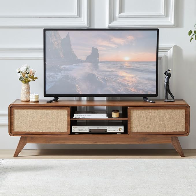 AVZEAR Mid Century Modern TV Stand for TVs up to 65'', Farmhouse Entertainment Center with Storage, TV Cabinet Table with Nature Linen Doors, Media Console TV Consoles for Living Room Bedroom (Walnut)