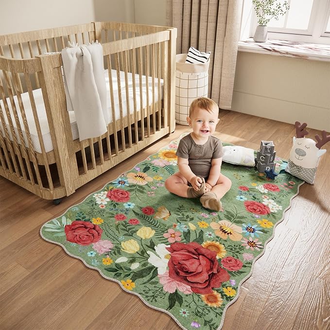 Floral Washable Area Rug 3'x5' Non Slip Boho Vintage Low Pile Soft Carpet for Living Room, Dining Room, Bedroom High Traffic Areas Indoor Rug for Bathroom, Entryway Decor (Green