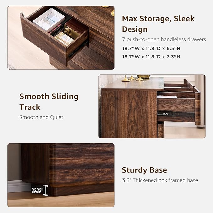 Modern 7 Drawer Dresser for Bedroom, 52" Wide Handleless Chest of Drawers, Push-to-Open Large Wood Storage, Dresser TV Stand for Bedroom, Living Room, Hallway, Curved Profile, Brown