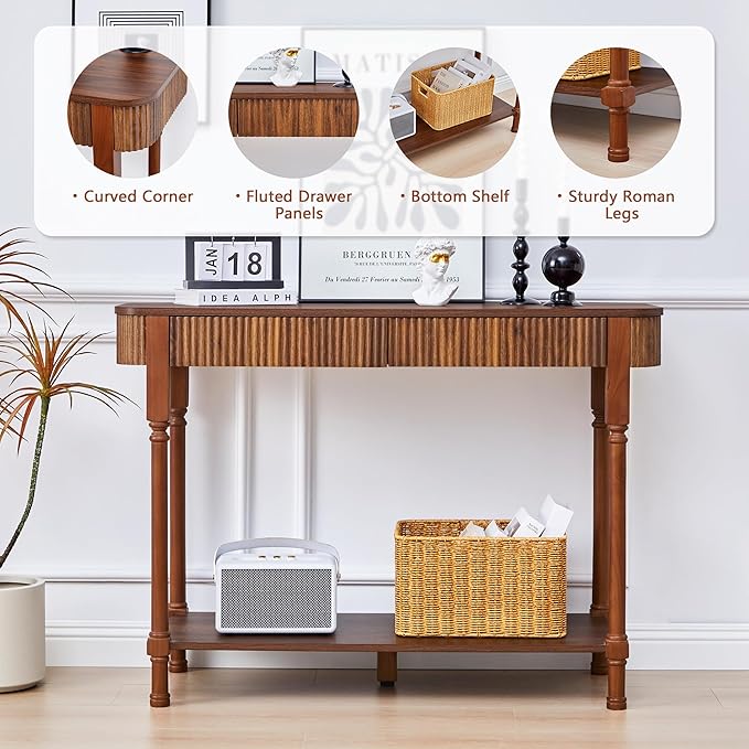 43.3” Console Table with 2 Drawers, Modern Retro Entryway Table with Fluted Panel & Storage Shelf, Narrow Wood Behind Couch Sofa Table for Living Room, Foyer, Hallway(Walnut)