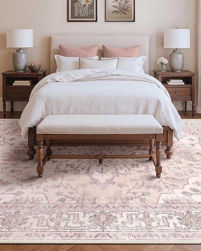 Area Rugs 8'x10' Washable Non-Slip, Floral Vintage Distress Print Pattern Medallion Carpet for Living Room Bedroom Dining Room, Pink Greypink Cute