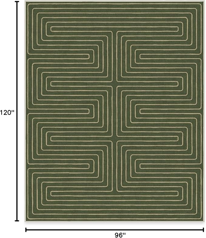 RUGGABLE x Jonathan Adler Machine Washable Modern Area Rug – Labyrinth Fern Green 8x10, Stain-Resistant, Non-Slip – Large Rugs for Living Room, Bedroom, Hallway, Entryway & Office–with Standard Pad