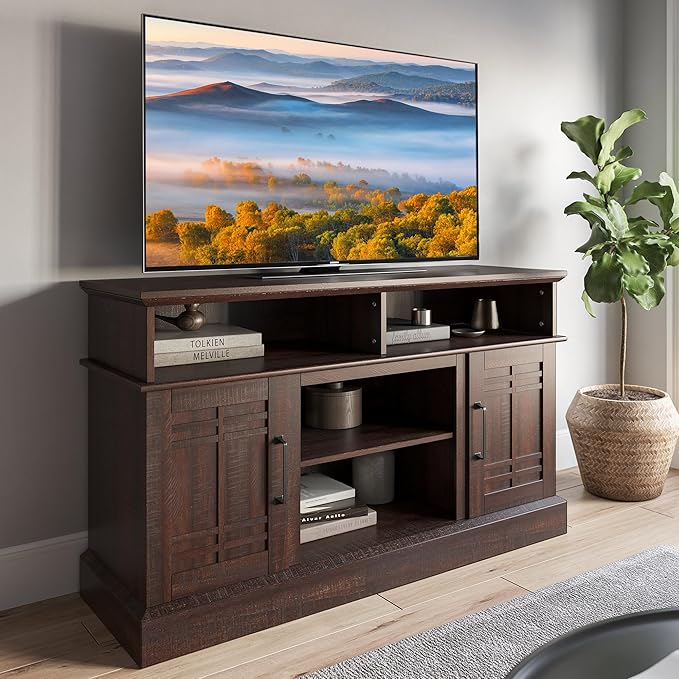 BELLEZE Modern 48" Farmhouse Wood TV Stand & Media Entertainment Center Console Table for TVs up to 50 Inch with Open Storage Shelves & Cabinets - Norrell (Espresso)