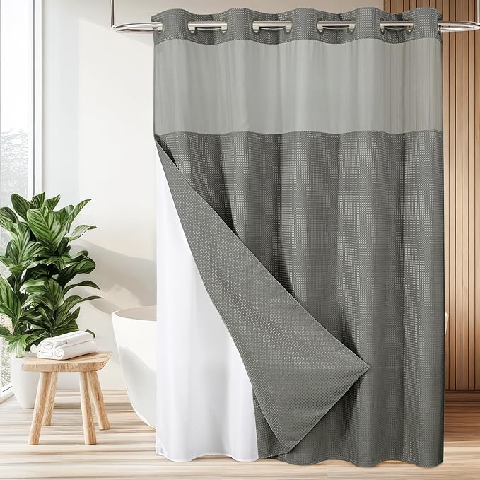 Colorful Star Extra Long Waffle Weave Shower Curtains, 256GSM Heavy Duty Shower Curtain with Snap in Fabric Liner, Hotel Style No Hook Waterproof Bathroom Curtain Set, 72 x 87 Inch, Grey
