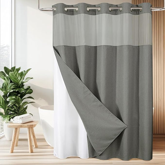 Colorful Star 256GSM Waffle Weave Heavy Duty Shower Curtains, No Hook Shower Curtain with Snap in Fabric Liner, Hotel Style Waterproof Bathroom Curtain Set, 72 x 81 Inch, Grey