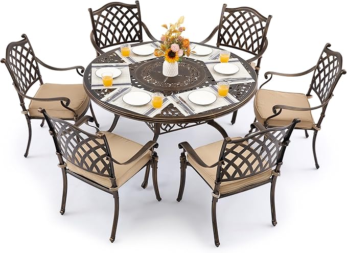 7 Piece Outdoor Dining Set Cast Aluminum, Retro Patio Dining Furniture Set for 6 Includes 54’’ Round Table 6 Chairs with Thicker Cushion and Umbrella Hole for Patio Deck Garden