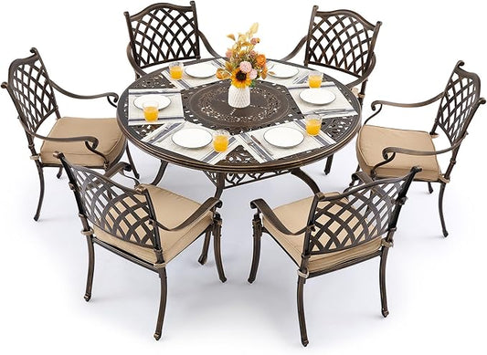 7 Piece Outdoor Dining Set Cast Aluminum, Retro Patio Dining Furniture Set for 6 Includes 54’’ Round Table 6 Chairs with Thicker Cushion and Umbrella Hole for Patio Deck Garden