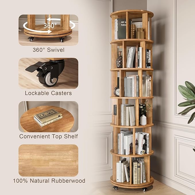 6 Tier Bookshelf Tower, 360° Solid Wood Spinning Bookcase with Swivel Wheels, Floor Standing Book Shelf for Small Space, Bookshelf for Home Office Study Room Bedroom Living Room