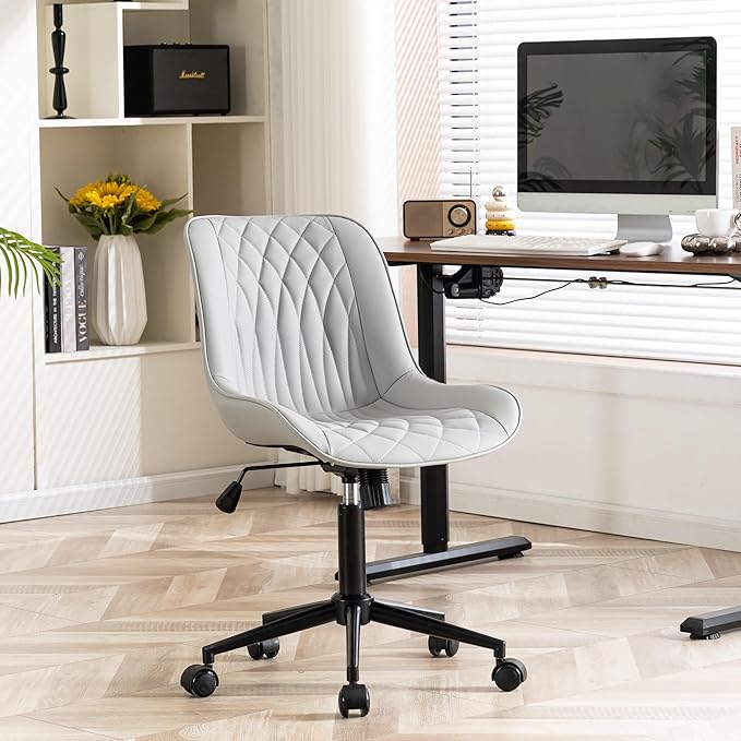 YOUNIKE Grey Ergonomic Home Office Desk Chair Armless Comfy Small Criss Cross Chair with Wheels Swivel Adjustable Modern Vanity Chair Wide Back Cute Leather Upholstered Rolling Task Chair No Arms