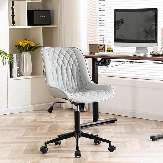YOUNIKE Grey Ergonomic Home Office Desk Chair Armless Comfy Small Criss Cross Chair with Wheels Swivel Adjustable Modern Vanity Chair Wide Back Cute Leather Upholstered Rolling Task Chair No Arms