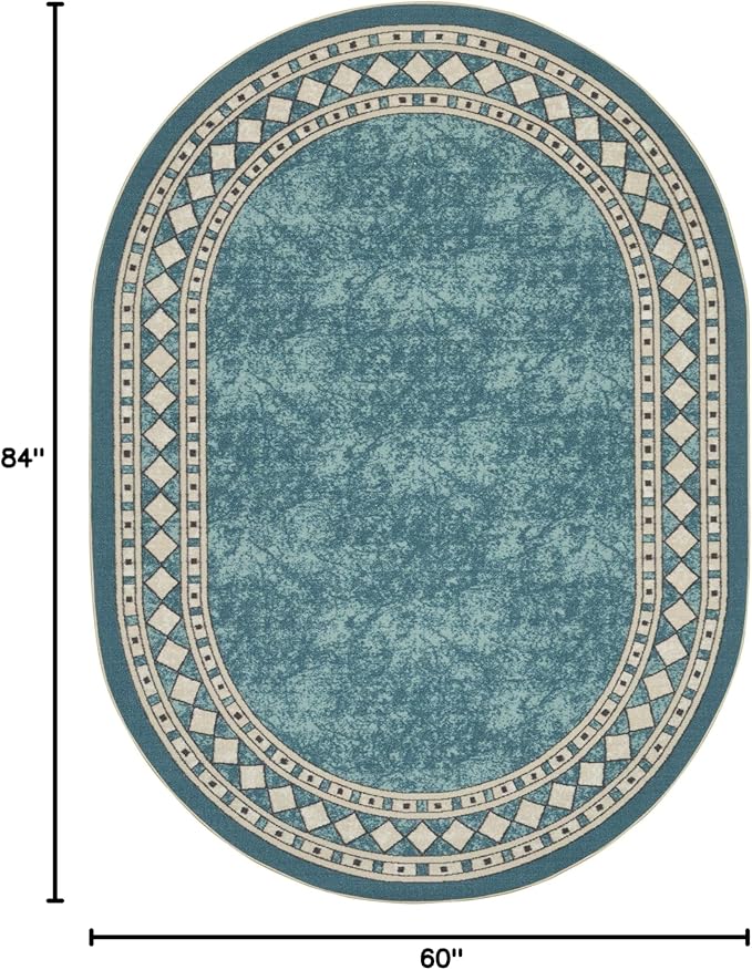 Antep Rugs Alfombras Modern Bordered 5x7 Non-Skid (Non-Slip) Low Profile Pile Rubber Backing Indoor Area Rugs (Blue, 5' x 7' Oval)