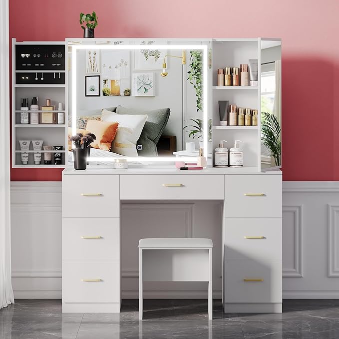 Vanity Set with Lighted Mirror, Makeup Vanity Table with 7 Drawers & Cushioned Stool, Dressing Table with Sliding Cabinet, Vanity Desk with Hidden Storage Shelves & Jewelry Rack, for Bedroom