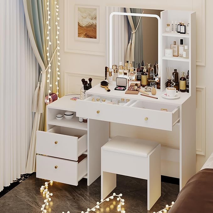 HAOBO Home Vanity Desk with Mirror and Lights, Makeup Vanity with Stool and Drawers Dressing Table with Power Outlet for Bedroom