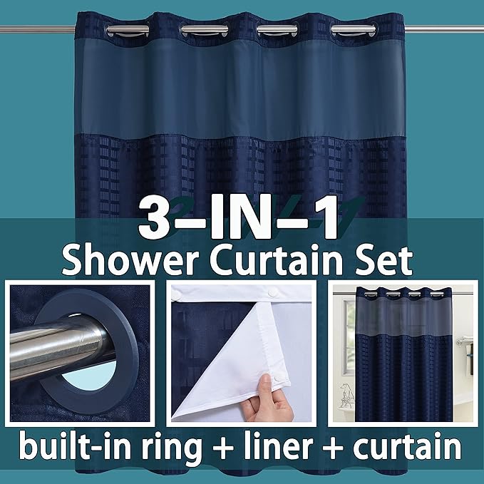 Conbo Mio No Hook Shower Curtain with Snap in Liner Set, Hotel Luxury Navy Blue Shower Curtains for Bathroom with See Through Top Window, Waterproof, Washable 71W x 74H