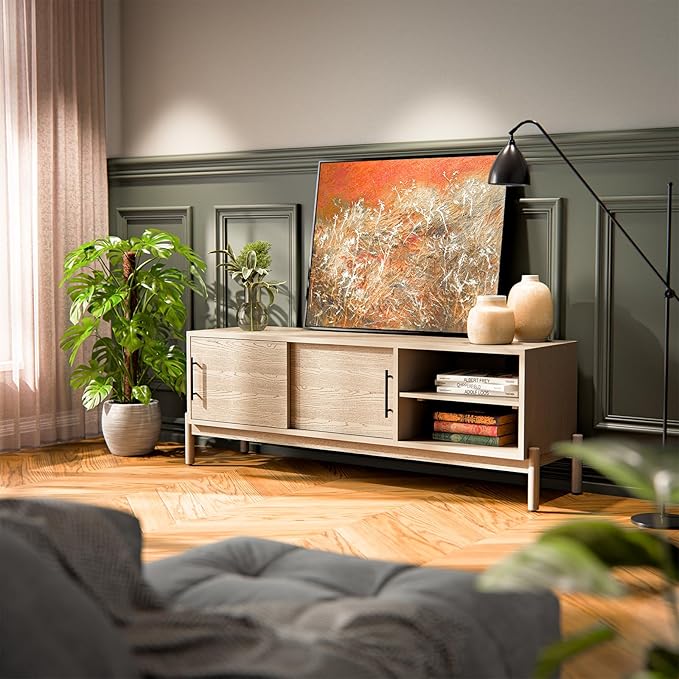 Bme Lyra 65 Inch Solid Wood TV Stand - Easy Assembly - Entertainment Center with Storage - Mid Century TV Console for Living Room, Bedroom, Guest Room, Oak Light Grey