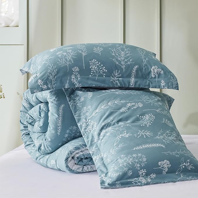 Bedsure California King Comforter Set - Mineral Blue Bed Set, 3 Pieces Cute Floral Bedding, 1 Soft Reversible Botanical Flowers Comforter and 2 Pillow Shams