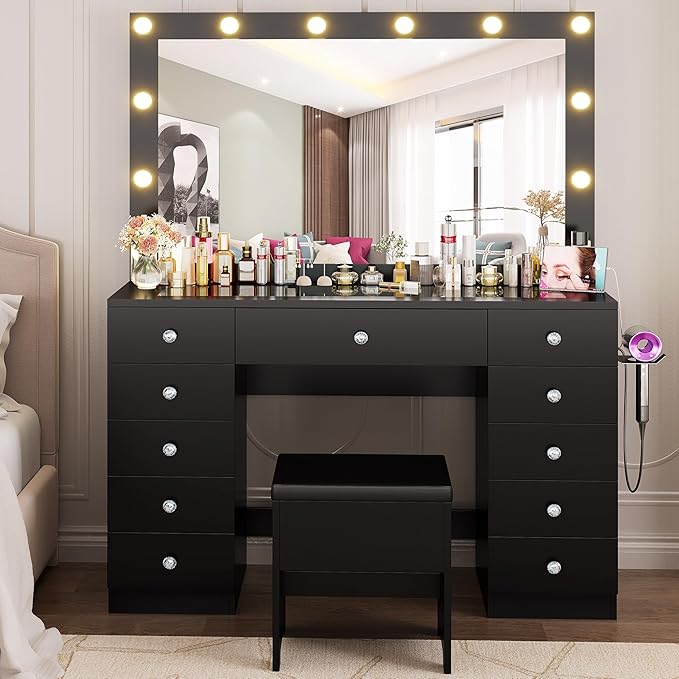 IRONCK 46'' Makeup Vanity Set with LED Mirror & Power Outlet - 11 Drawers, Glass Top, Hair Dryer Rack, Dressing Table with Storage Bench for Bedroom, 3 Lighting Color Adjustable, Black