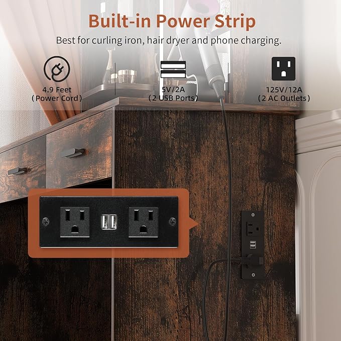 SMOOL Vanity with Lighted Mirror, Makeup Vanity Desk with Power Outlet, 3 Color Light Options Adjustable Brightness, Vanity Table with 6 Storage Shelves, 2 Large Drawers and Cushioned Stool, Rustic