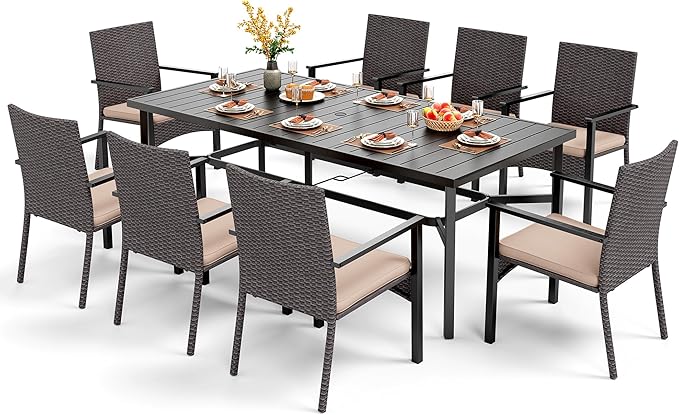 PHI VILLA 9 Pieces Outdoor Dining Set for 8, Large Rectangle Wrought Iron Table with Umbrella Hole & Cushioned Wicker Chairs, Dining Furniture for Patio, Deck, Yard, Porch