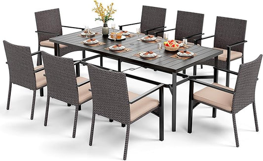 PHI VILLA 9 Pieces Outdoor Dining Set for 8, Large Rectangle Wrought Iron Table with Umbrella Hole & Cushioned Wicker Chairs, Dining Furniture for Patio, Deck, Yard, Porch