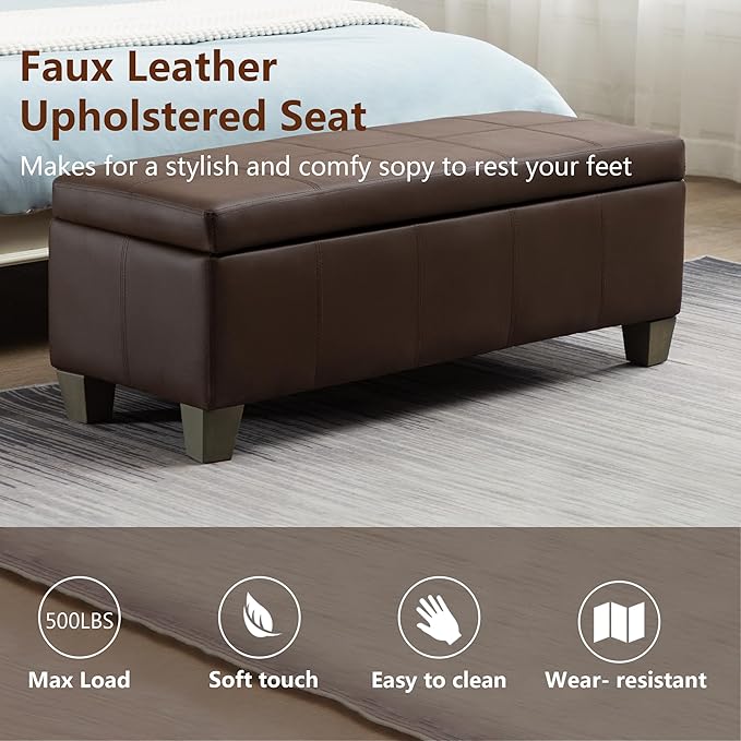Brown Faux Leather Ottoman with Storage, Rectangular Extra Long Storage Bench for Bedroom and Living Room