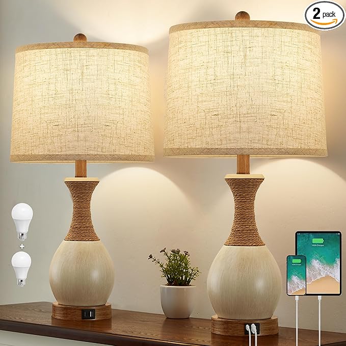 Table Lamp for Bedroom Set of 2 - Bedside Table Lamps with 3 Color Temperatures - Boho Rattan Lamps for Nightstand with USB A+C Charging Ports Farmhouse Living Room Lamp Bulb Included