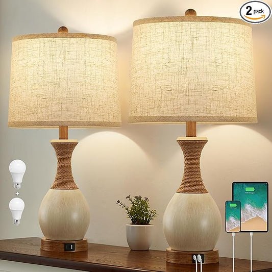 Table Lamp for Bedroom Set of 2 - Bedside Table Lamps with 3 Color Temperatures - Boho Rattan Lamps for Nightstand with USB A+C Charging Ports Farmhouse Living Room Lamp Bulb Included